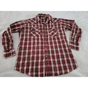 Fly Cattleman Mens Vintage Pearl Snap Shirt Size Large Red Plaid Cowboy Western